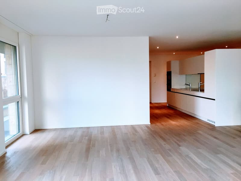 Empty room with light wooden flooring, white walls, and large windows. Adjacent kitchen area with cabinets and sink visible.