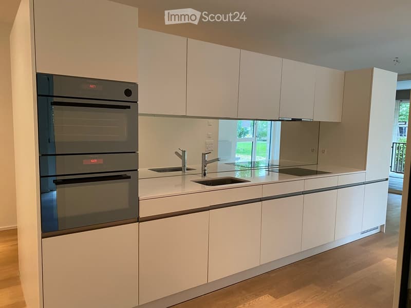 Modern kitchen with white cabinets, stainless steel oven, and double sink.