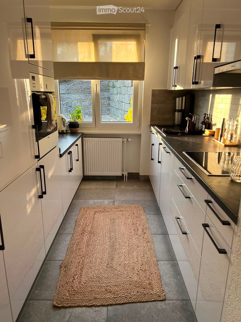 Modern kitchen with white cabinets, stainless steel appliances, dark countertops, and a woven rug on the floor.