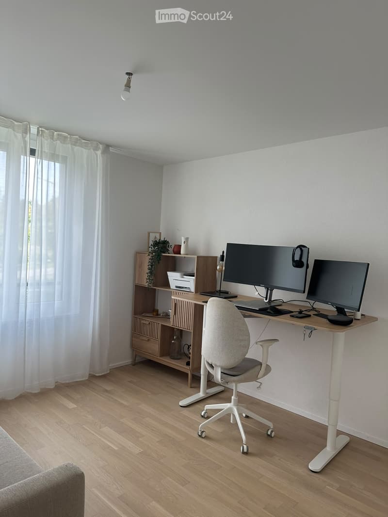 A modern, well-lit workspace with a standing desk, ergonomic chair, dual monitors, and a wooden shelf holding a plant and decorative items.