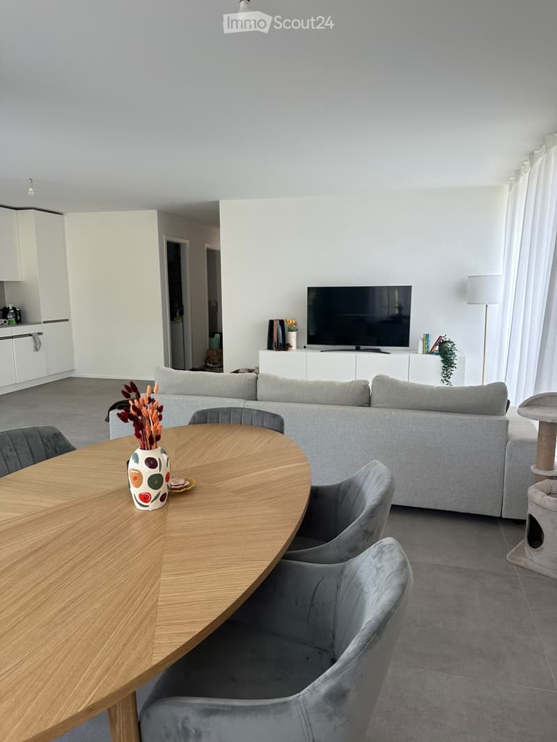 Modern living room with grey sofa, wooden coffee table, grey chairs, cat tree, and television on a white stand.