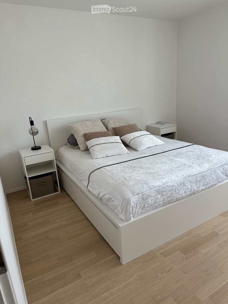 Modern bedroom with a white bed, multiple pillows, a nightstand with a lamp, and a wooden floor.