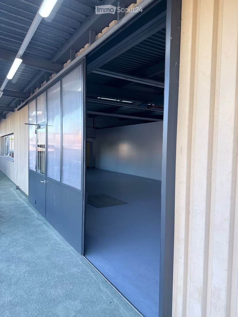 Empty hallway with grey walls, carpeted floor, and a large glass door leading to a storage area with metal shelving and a concrete floor.