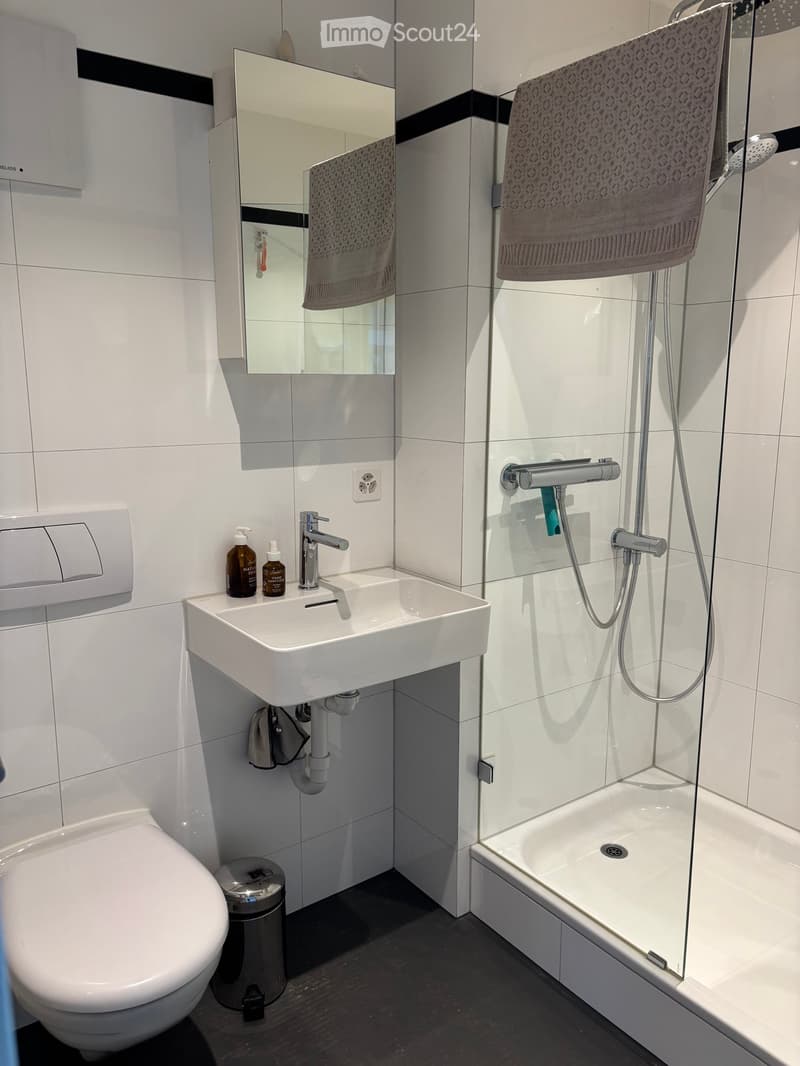 Modern bathroom with white tiles, a toilet, a sink with a faucet, a mirror, a glass-enclosed shower, and towels hanging on the wall.