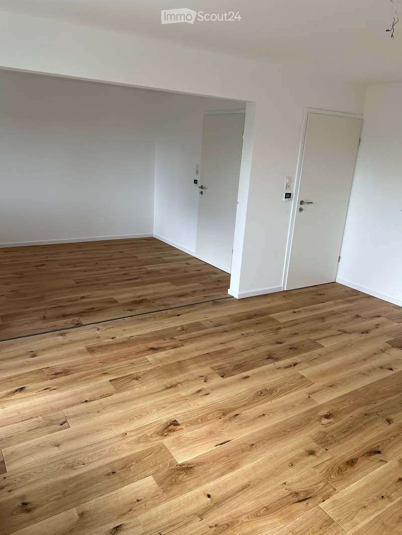 Empty room with light wooden flooring and white walls, featuring two white doors and a visible electrical outlet.