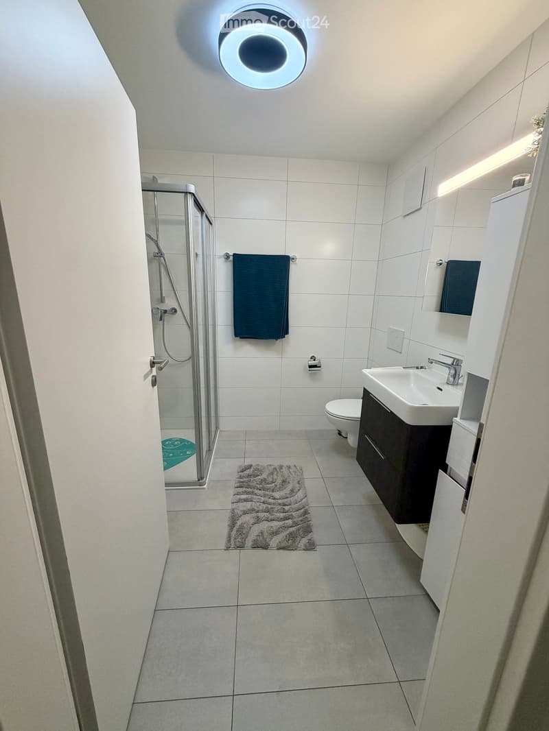 Modern bathroom with white tiles, a glass-enclosed shower, a sink with a dark cabinet, a toilet, a towel, and a bathmat.