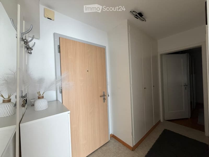 A clean, modern hallway with white walls, wooden doors, and a small console table with decorative items.
