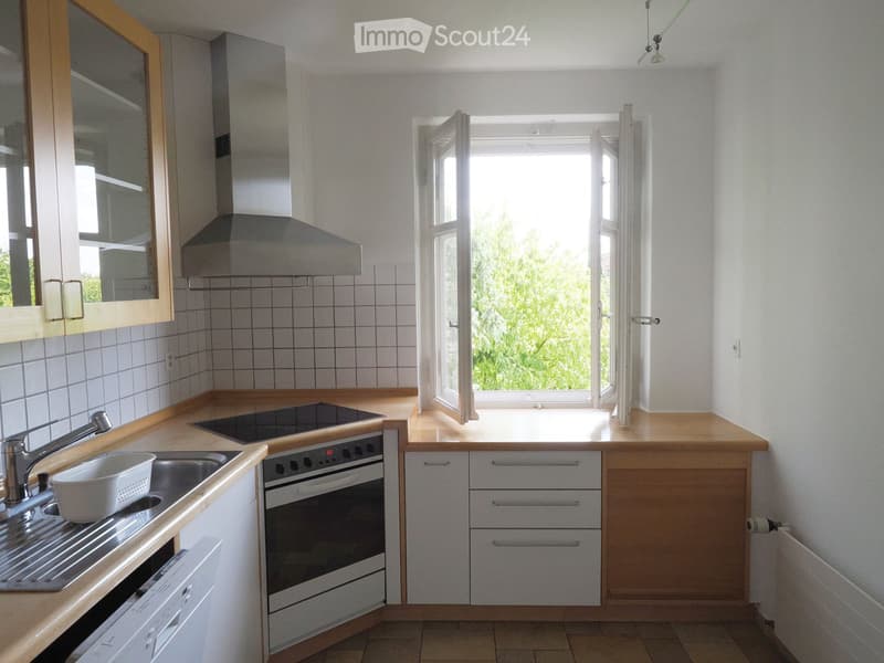 Modern kitchen with light wooden cabinets, stainless steel appliances, and a large window offering a view of greenery.