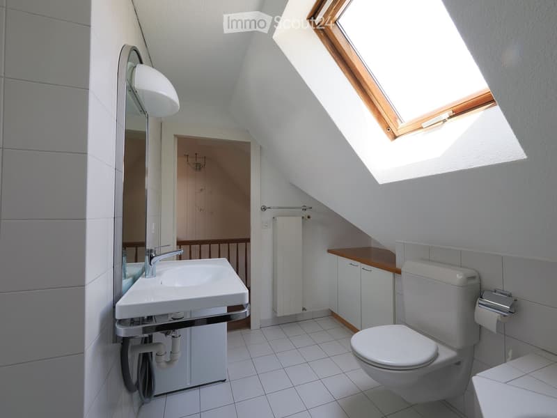 Modern bathroom with white tiles, a sink with a modern faucet, a toilet, a mirror, and a radiator. The room features a skylight window allowing natural light to enter.