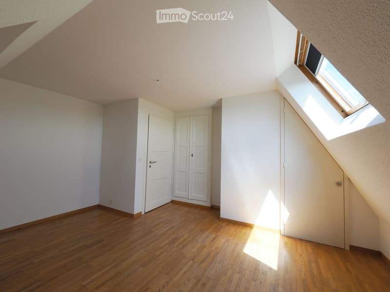 Empty attic room with wooden flooring, white walls, and skylight windows allowing natural light to enter.
