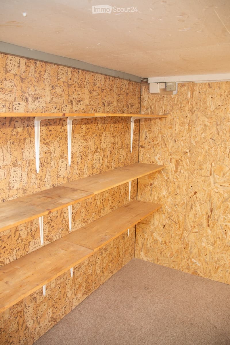 Empty room with wooden shelves mounted on the wall, carpeted floor, and unfinished wooden paneling on the walls.