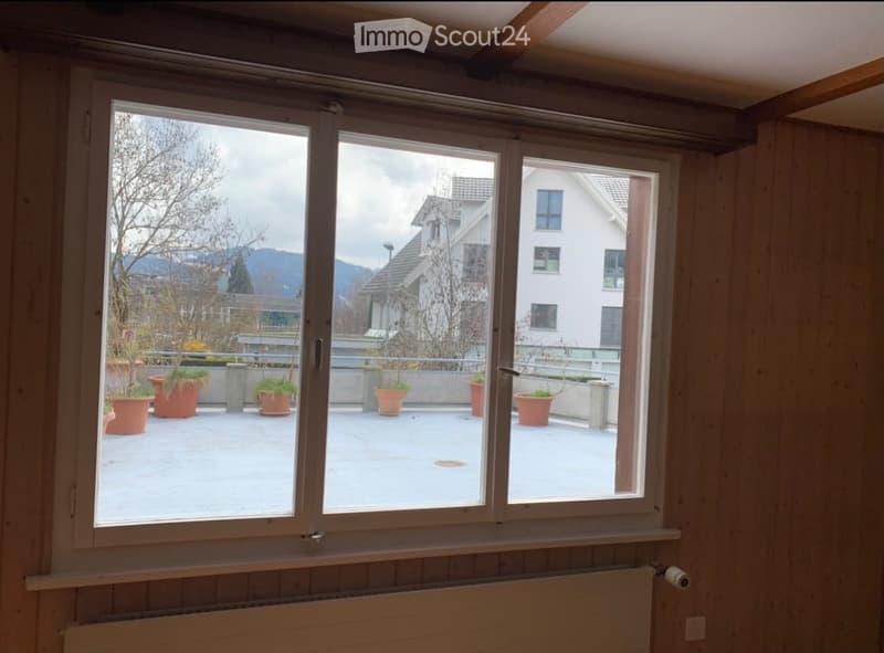 Empty room with large windows offering a view of a balcony area with potted plants and surrounding houses.