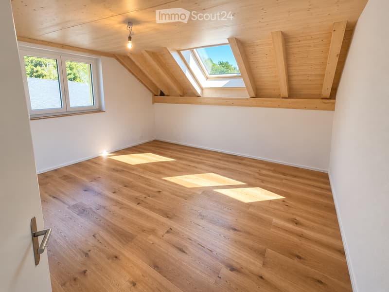 Empty attic room with wooden flooring, white walls, skylight windows, and a single door.
