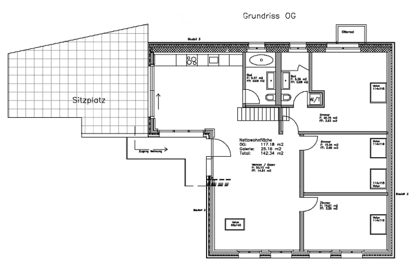 Floor plan of a ground floor showing living room, kitchen, dining area, bedrooms, and bathrooms.
