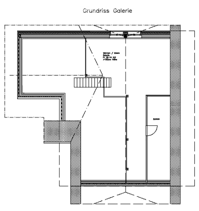 Floor plan of a gallery space with a large open area, a smaller room labeled "BÜRO" (office), and a raised platform area marked for a "Kunst / Film Galerie" (Art/Film Gallery).