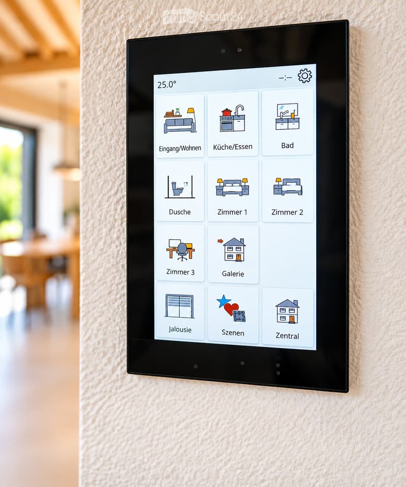 A wall-mounted smart home control panel displaying room icons and temperature, with a modern interior background visible.