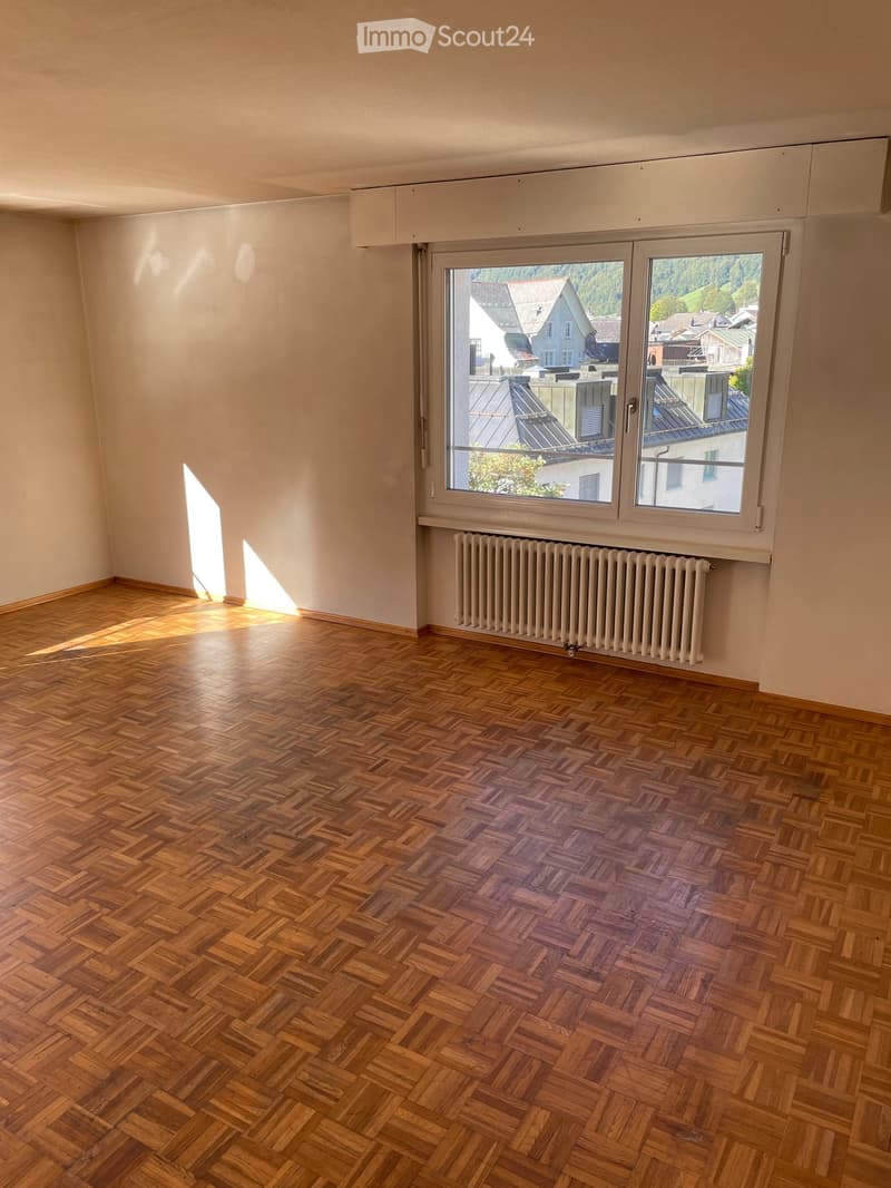 Empty room with wooden herringbone flooring, large window with radiator below, and natural light from the window.
