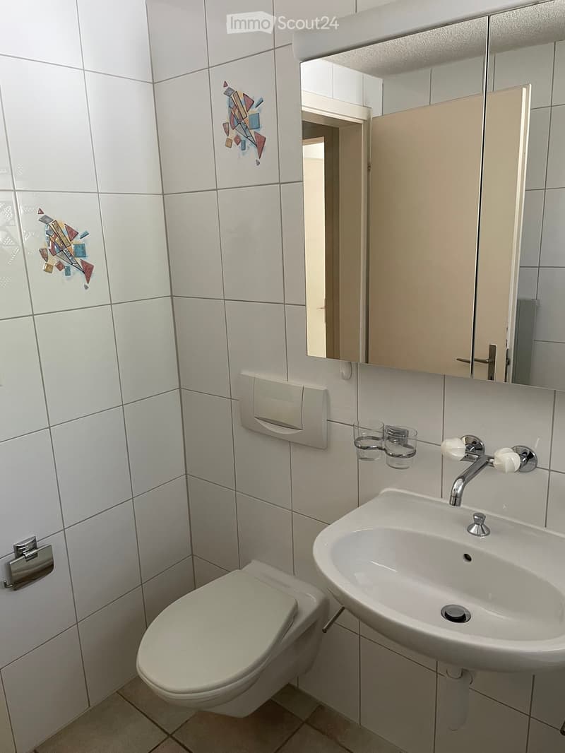 Modern bathroom with white tiled walls, a toilet, a sink with a chrome faucet, a mirror cabinet, and two glass cups on a wall-mounted holder.