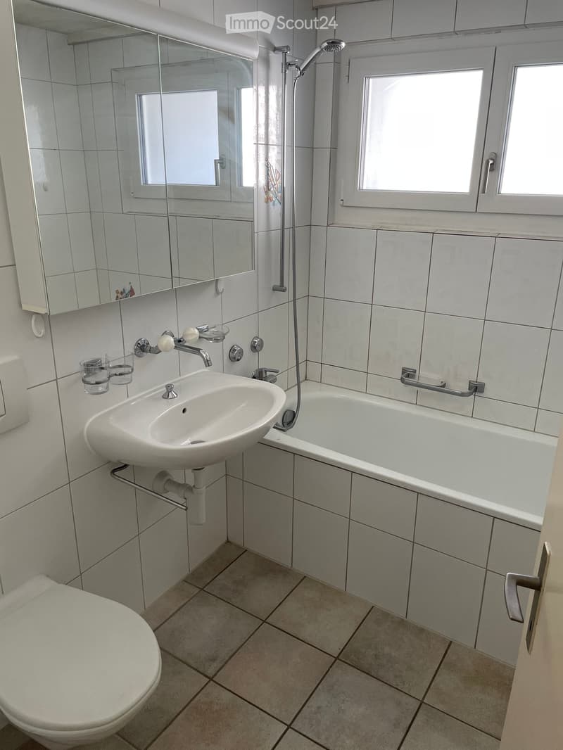 Modern bathroom with white tiles, a toilet, a sink, a bathtub, and a mirror. The sink has a modern faucet, and there are two small cups on the sink counter. The bathtub has a handheld showerhead and a grab bar.