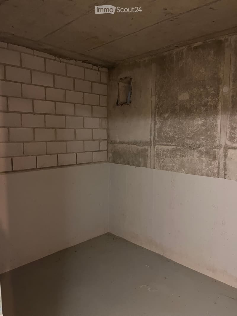 Empty room with exposed brick walls, a concrete floor, and a partially removed electrical outlet. The ceiling shows signs of water damage and wear.