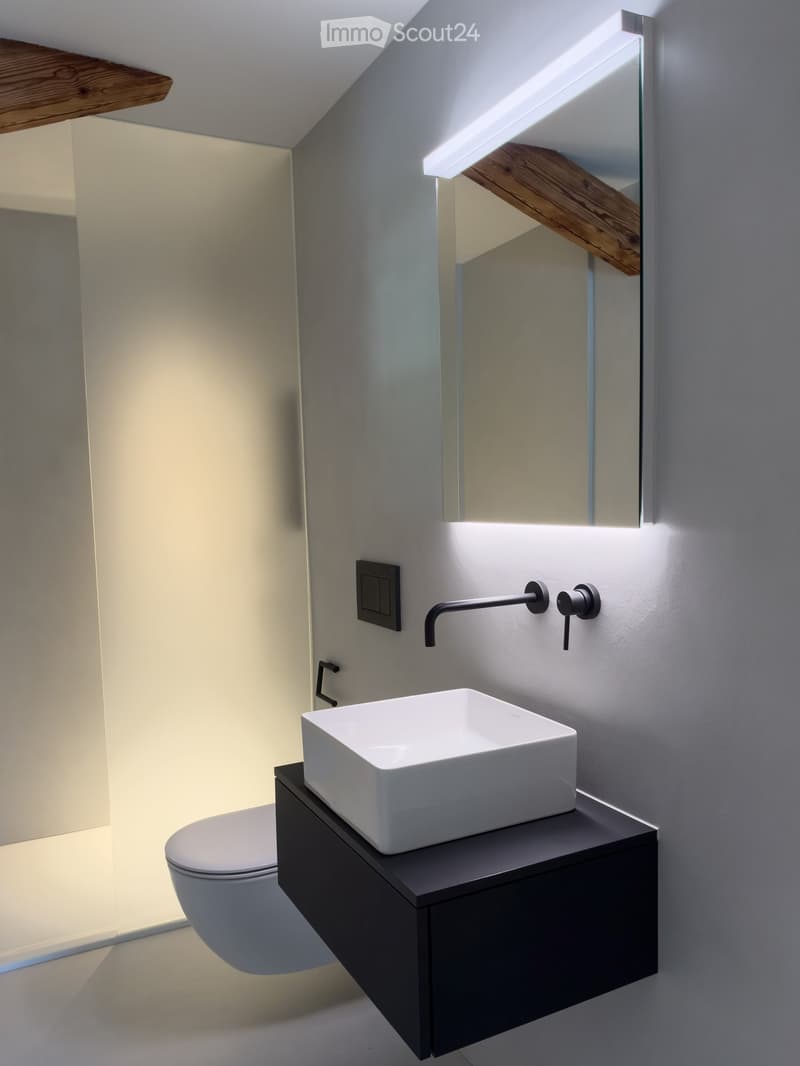 Modern bathroom with a white sink on a dark cabinet, a sleek faucet, a large mirror with built-in lighting, and a toilet visible in the background.