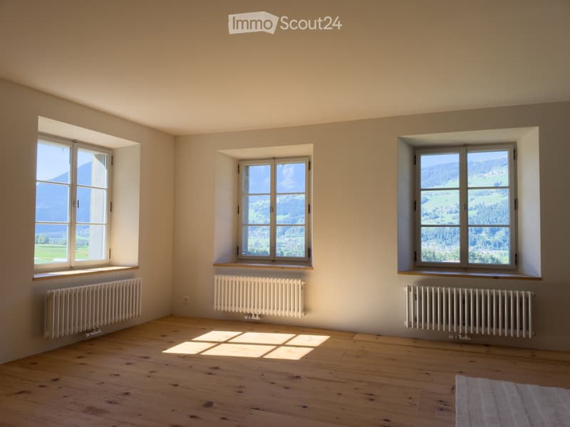 Empty room with wooden flooring, three large windows offering scenic views, and radiators beneath each window.
