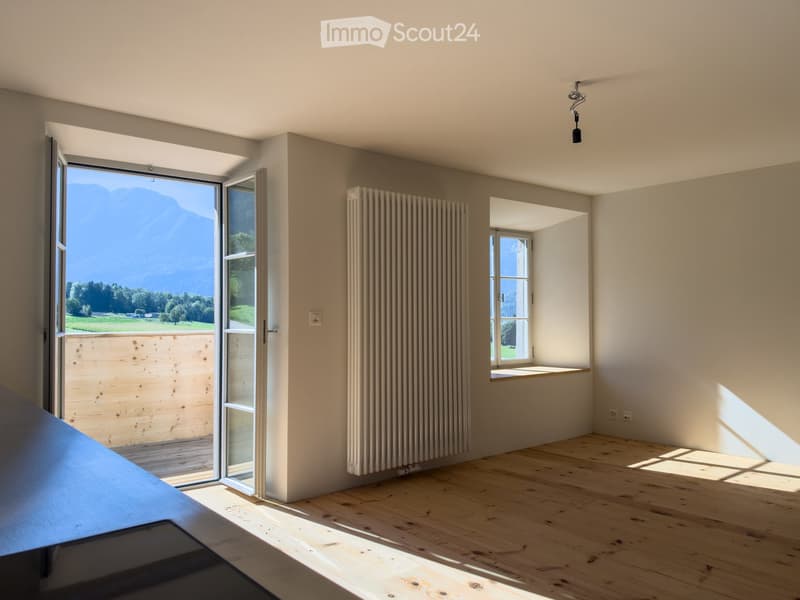 Empty room with wooden flooring, large window, radiator, and a view of a mountain landscape.