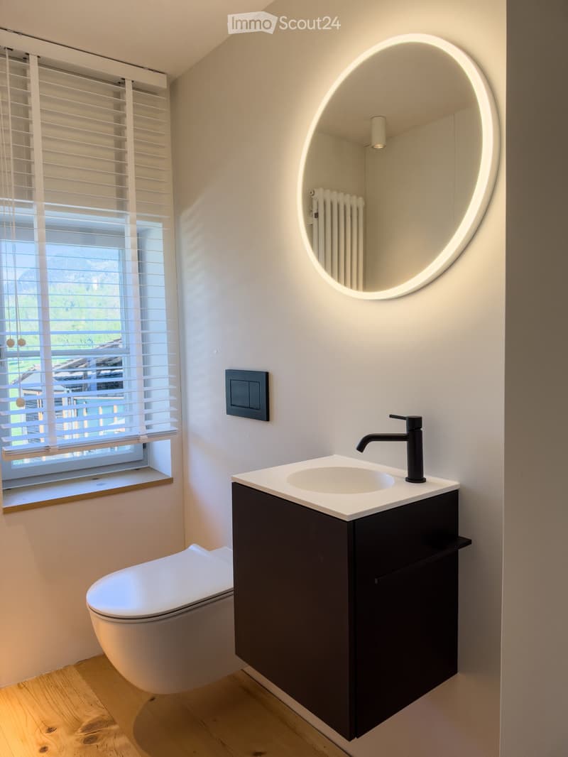 Modern bathroom with a white sink, black faucet, round illuminated mirror, toilet, and radiator. The room features wooden flooring and a window with blinds.