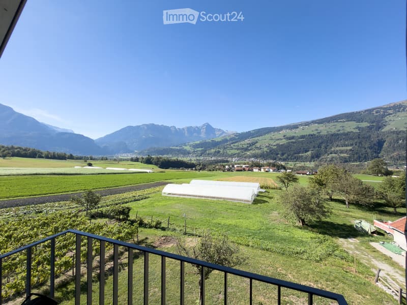 Balcony overlooking a scenic valley with green fields, vineyards, and distant mountains under a clear blue sky.