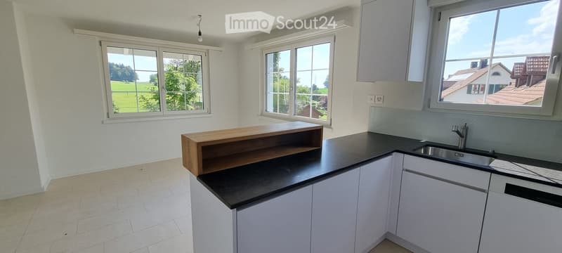 Modern kitchen with white cabinets, black countertops, a wooden shelf, and large windows overlooking a green field.