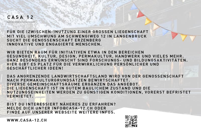 Promotional poster for Casa 12, a large property in Langenbruck, seeking innovative and engaged individuals for initiatives in health, culture, design, permaculture, craftsmanship, and more. The property is in good condition and available for rental on fa