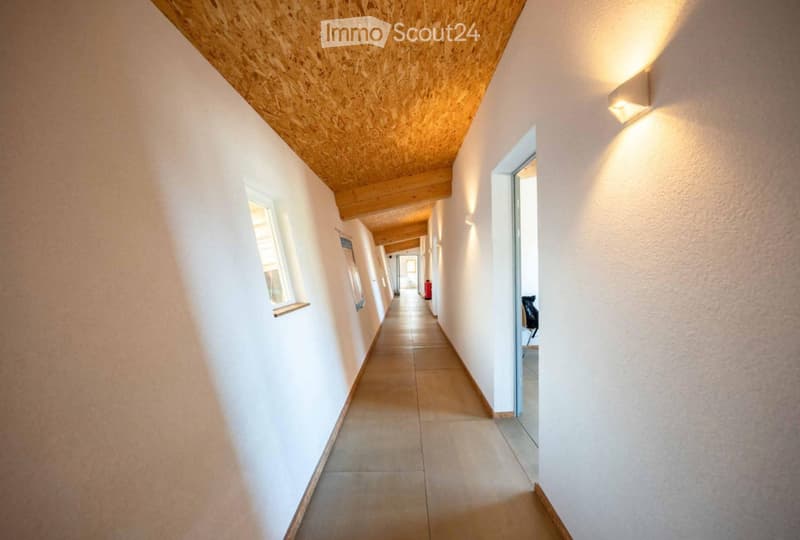 A long, narrow hallway with white walls, a wooden slanted ceiling, and tiled flooring. Natural light filters in from windows on the left side, and a red fire extinguisher is visible in the distance.