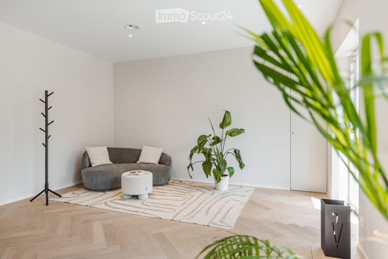 Modern living room with grey sectional sofa, white throw pillows, coffee table, large potted plant, and a coat rack near the entrance.