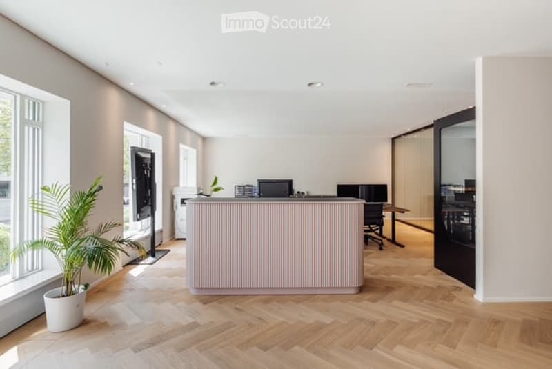 Modern reception area with a sleek reception desk, a chair, a screen, a potted plant, and a computer. The space features light-colored walls, large windows, and a polished wooden floor.