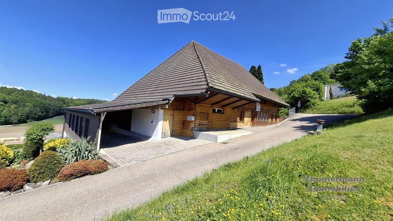 Modern wooden house with a distinctive dome-shaped roof, garage, and landscaped garden.