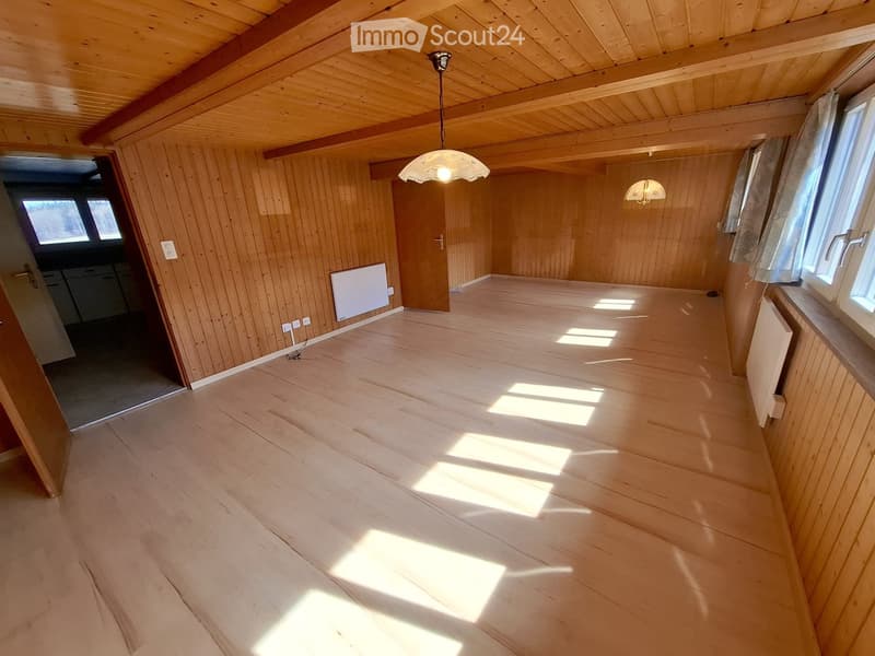 Empty room with wooden walls and floor, large windows, and a hanging light fixture.