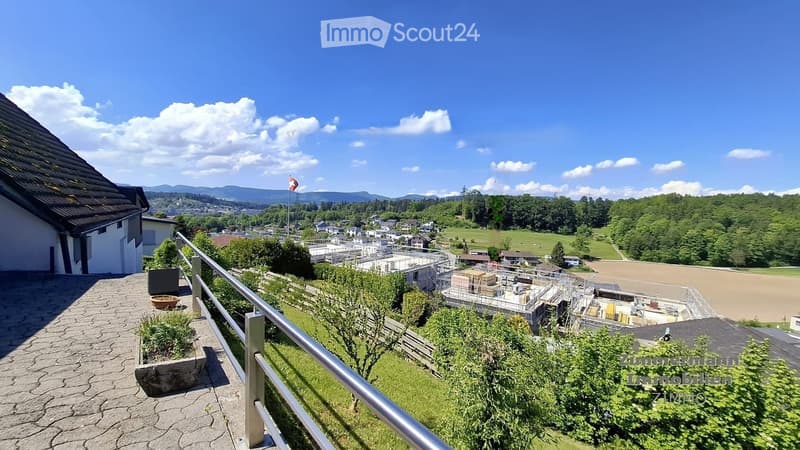 Balcony overlooking a scenic valley with a town, mountains, and a flagpole in the distance.