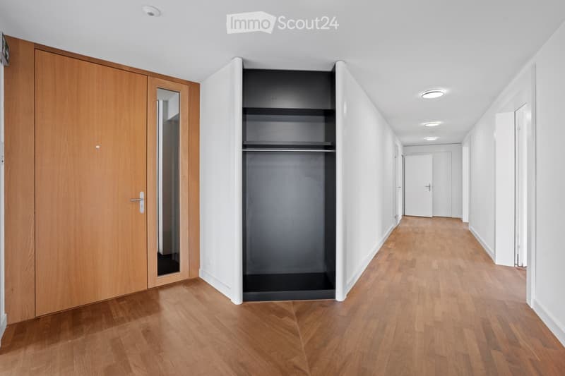 Modern hallway with wooden flooring, white walls, recessed lighting, and a built-in closet with mirrored doors.