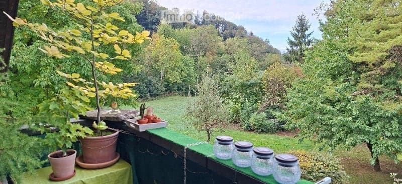 A serene outdoor area with potted plants, glass jars, and a scenic view of a lush, green landscape.