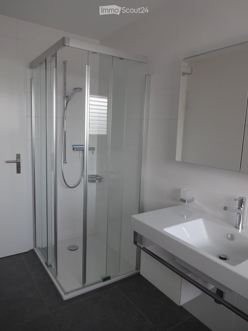 a modern bathroom, glass walk-in shower, white tiled walls, white sink, chrome faucet, mirror, small glass shelf