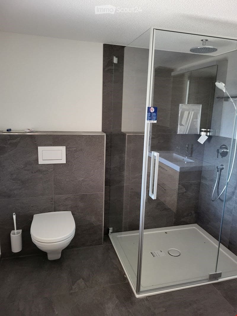 Modern bathroom with dark tiled walls and floor, featuring a white toilet, a glass-enclosed shower stall with a built-in seat, a modern showerhead, and a sink with a mirror above it.