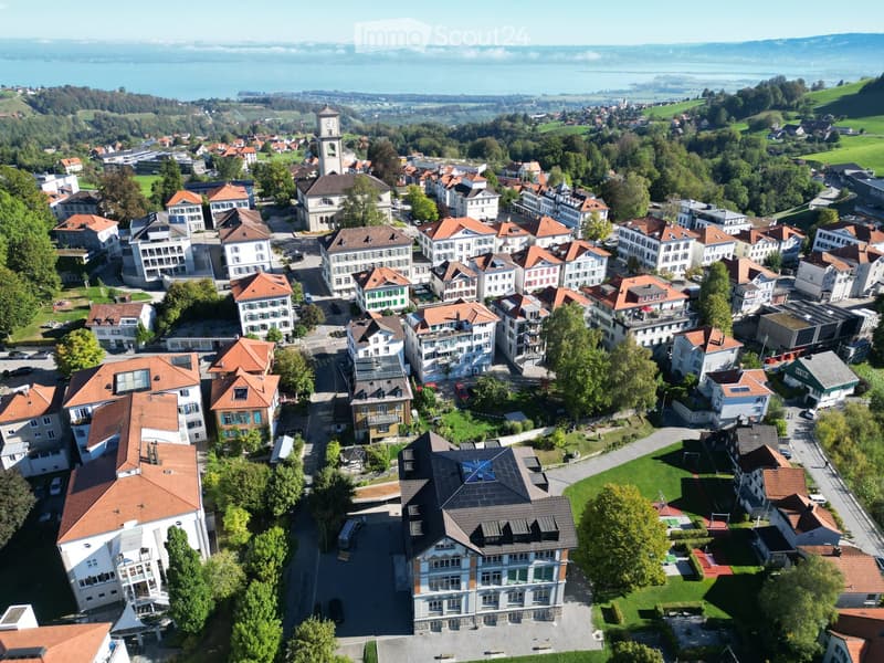 Aerial view of a town with numerous residential buildings, a church tower, and surrounding greenery, with a lake and distant mountains in the background.