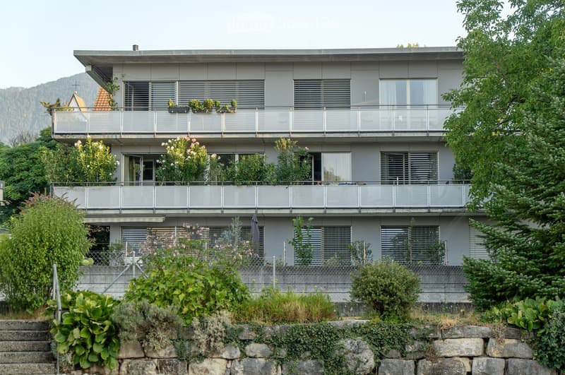 Modern three-story building with grey facade, large windows, balconies, and surrounding greenery.