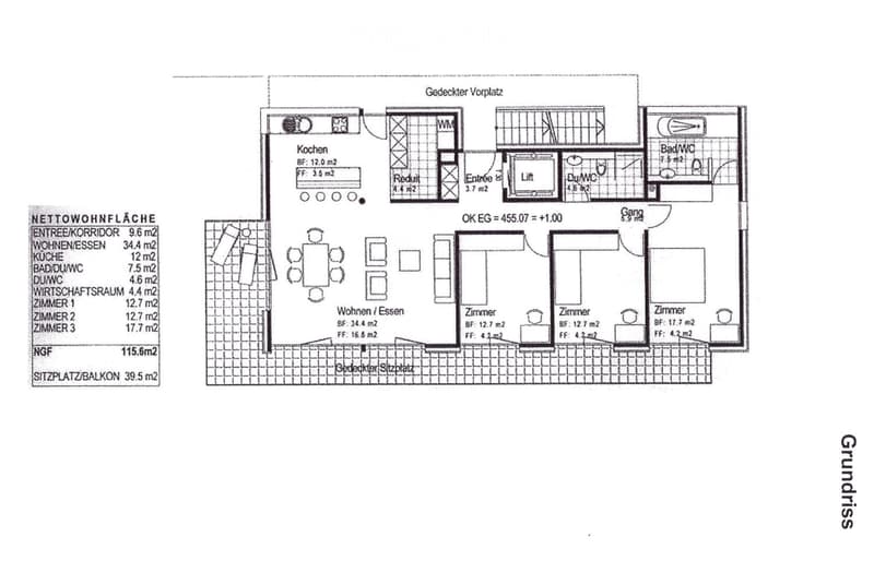Floor plan of a residential unit showing a kitchen, living/dining area, three bedrooms, bathroom, entrance hall, and balcony.