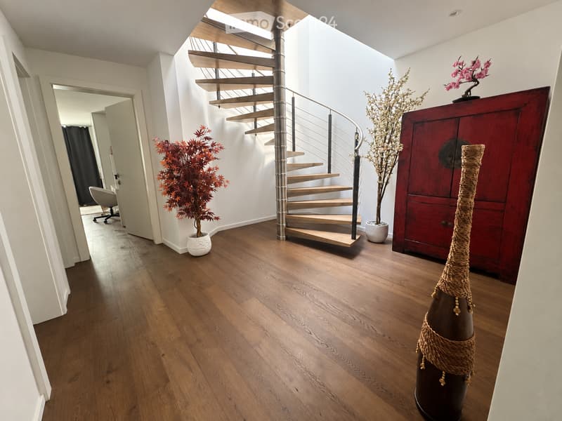 Spacious hallway with wooden flooring, a modern spiral staircase, and decorative elements including a tall vase, potted plants, and a red cabinet.