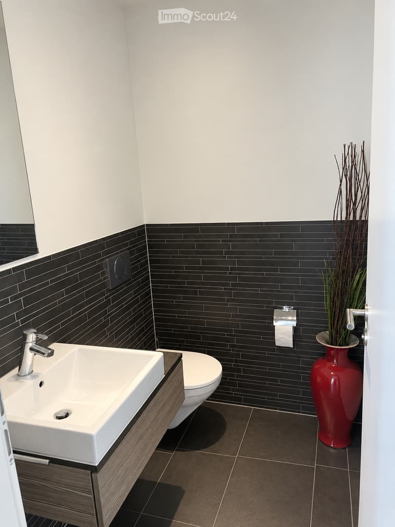 Modern bathroom with white walls, black tiled lower half, dark tiled floor, white sink with chrome faucet, toilet, and a red vase with dried plants on the floor.