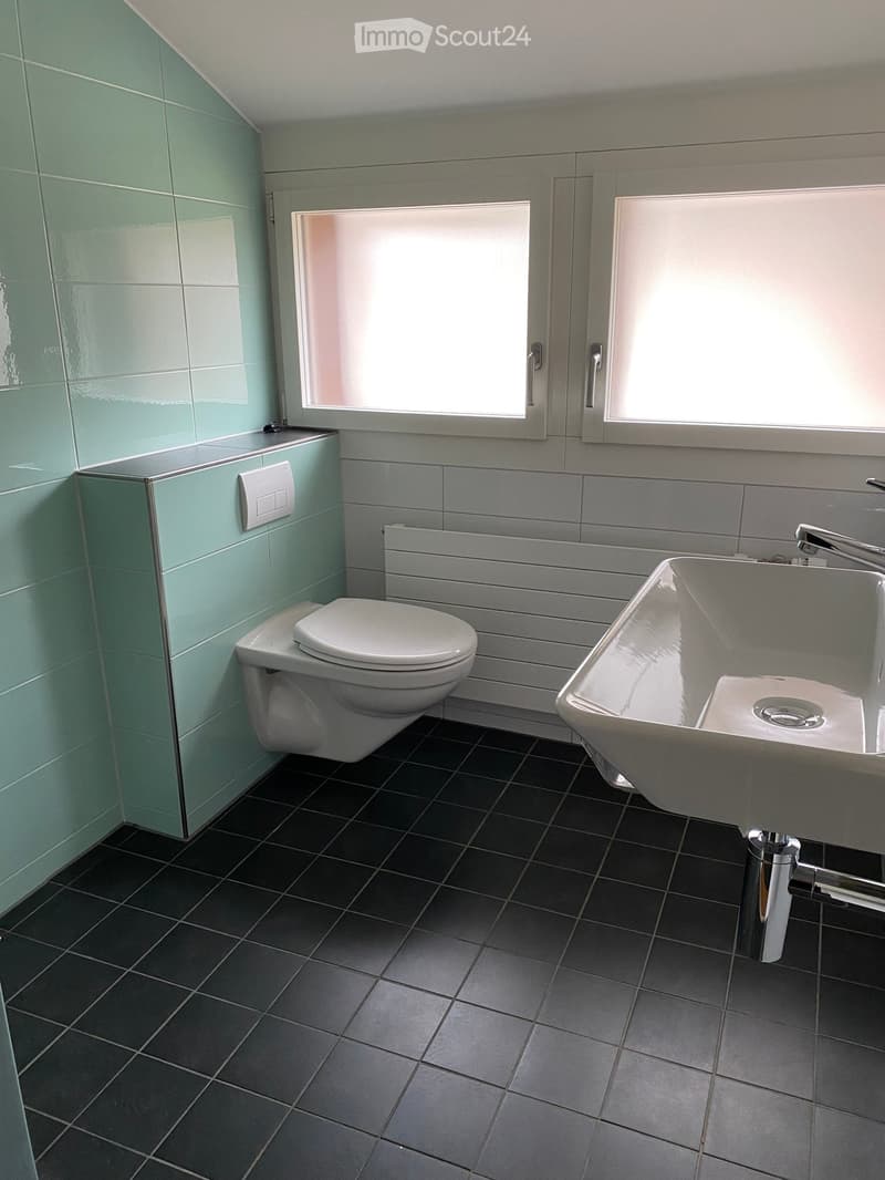 Modern bathroom with mint green tiles, black floor tiles, a toilet, a sink, and a window providing natural light.