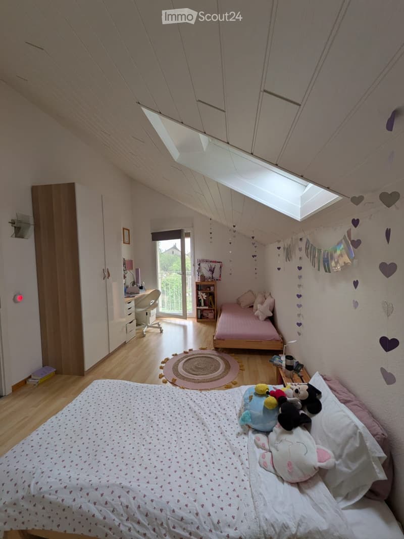 Cozy attic bedroom with wooden floors, slanted ceilings, and skylights. Features a large bed with stuffed animals, a small desk with chair, a bookshelf, and a round rug.