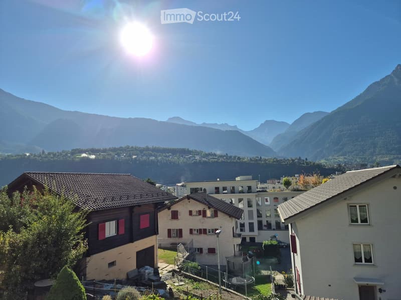 A scenic view of a village nestled in a valley with mountains in the background, featuring houses, trees, and a trampoline in the foreground.