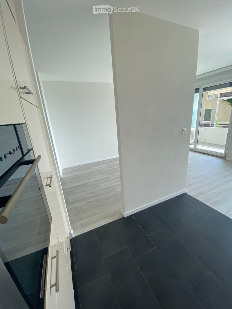 Modern hallway with light-colored walls, dark tiled floor, and a glass door leading to a balcony area.